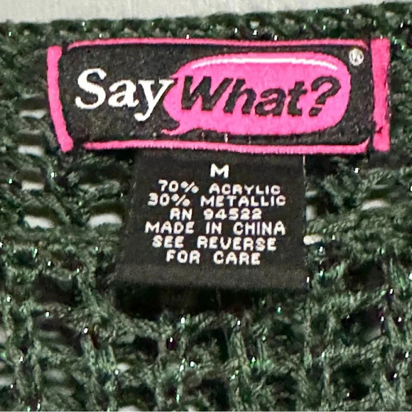 NWT SAY WHAT? Open Knit Long Sleeve Emerald Green Metallic Sweater Size Medium - Picture 3 of 4